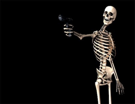 An image of a skeleton with a firearm, a possible interesting conceptual modern version of death. Or a medical image of a Skeleton in action. Stock Photo - Budget Royalty-Free & Subscription, Code: 400-05047236