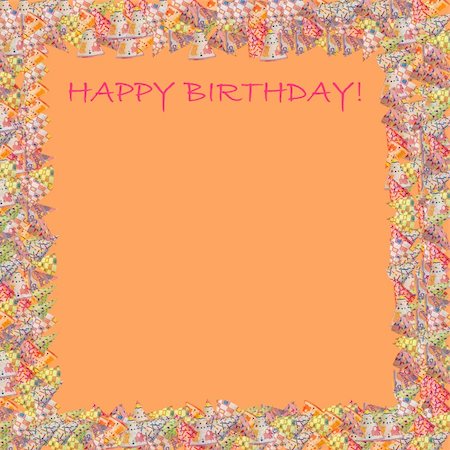 Happy birthday greeting card with orange background and coloured border around Stockbilder - Microstock & Abonnement, Bildnummer: 400-05047501