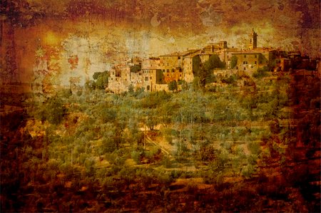 simsearch:400-04512320,k - Artistic work of my own in retro style - Postcard from Italy.  Village - Tuscany. Fotografie stock - Microstock e Abbonamento, Codice: 400-05043008