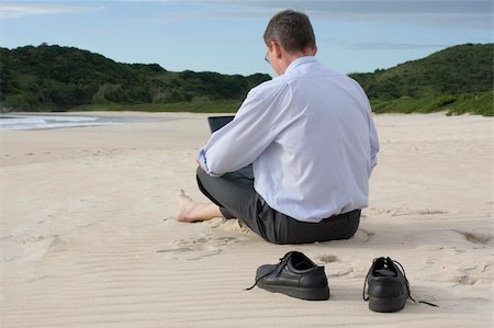 Businessman working with his laptop while sitting barefoot on the beach. Stock Photo - Budget Royalty-Free & Subscription, Code: 400-05043619