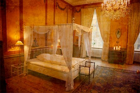 Artistic work of my own in retro style - The bedroom - The Castle of Holckenhavn, Denmark. 1600 ISO and natural lightening from the windows only. Photographie de stock - Aubaine LD & Abonnement, Code: 400-05043977