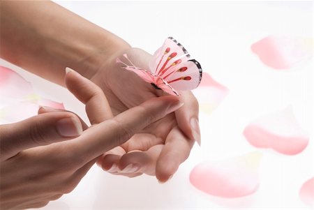 woman hands playing with finger with a pink buttrfly Foto de stock - Super Valor sin royalties y Suscripción, Código: 400-05054633