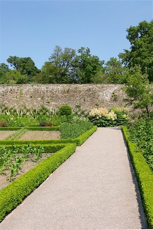 shrubs walkway - Pathway through a walled garden, with vegetable and flower beds bordered by clipped low hedges. Set against a blue sky and trees to the rear. Photographie de stock - Aubaine LD & Abonnement, Code: 400-05055757