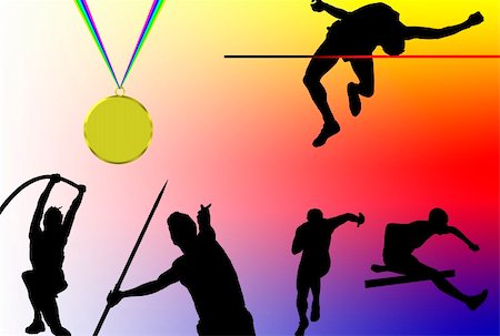 Silhouette of sporting men and gold medal over colored background Stock Photo - Budget Royalty-Free & Subscription, Code: 400-05056161