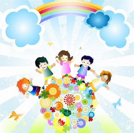 kids and planet; joyful illustration with planet earth, happy children and colorful flowers Stock Photo - Budget Royalty-Free & Subscription, Code: 400-05057797