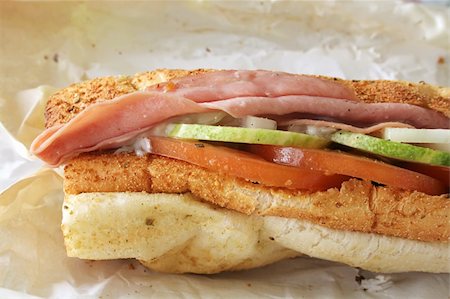 simsearch:400-07792940,k - Ham Sandwich on Baguette Bread at the local deli Stock Photo - Budget Royalty-Free & Subscription, Code: 400-05057920