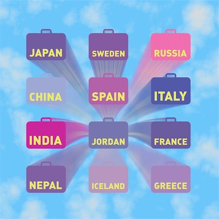 suitcase for italy - Twelve flying suitcases with country names, blue sky Stock Photo - Budget Royalty-Free & Subscription, Code: 400-05058820