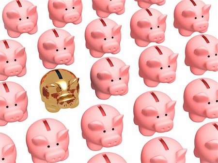 simsearch:400-04312713,k - Gold pig coin box, worth in a rows of usual coin boxes. Objects over white Photographie de stock - Aubaine LD & Abonnement, Code: 400-05059486