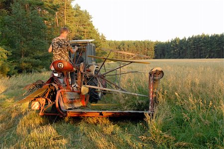 A man operates an old tractor, cutting up hay in a field Stock Photo - Budget Royalty-Free & Subscription, Code: 400-05052351
