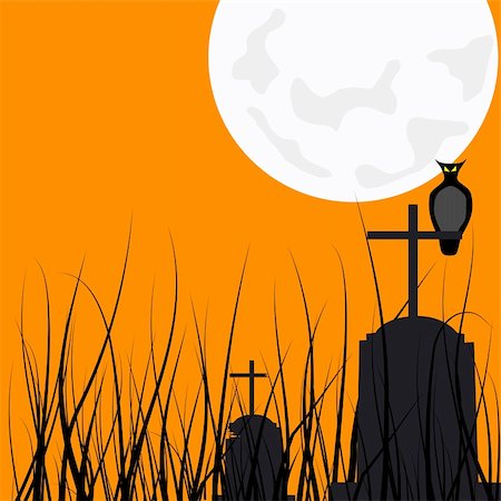 spooky field - owl over a cross on an abandoned cemetery Stock Photo - Budget Royalty-Free & Subscription, Code: 400-05052850