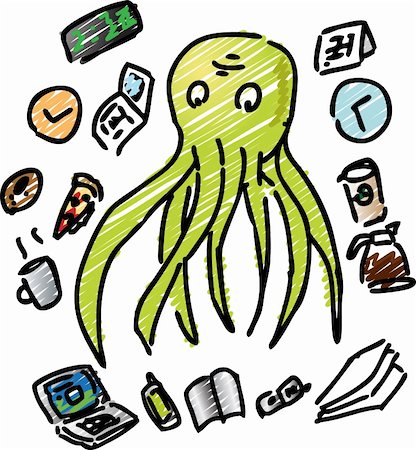 Comic illustration of an overworked octopus with too much going on at the same time Stock Photo - Budget Royalty-Free & Subscription, Code: 400-05066767