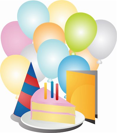 simsearch:614-03697319,k - Birthday party celebration festivities illustration with cake, card, hat, and balloons Stockbilder - Microstock & Abonnement, Bildnummer: 400-05066770