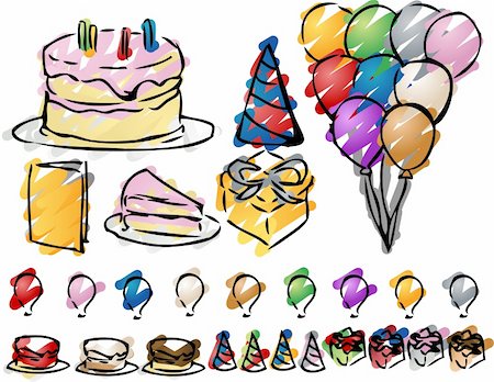 red blue birthday balloon clipart - Various icons for a party hand-drawn linart sketch look.  Various easy-to-change color schemes. Vector isometric illustration. Stock Photo - Budget Royalty-Free & Subscription, Code: 400-05066771