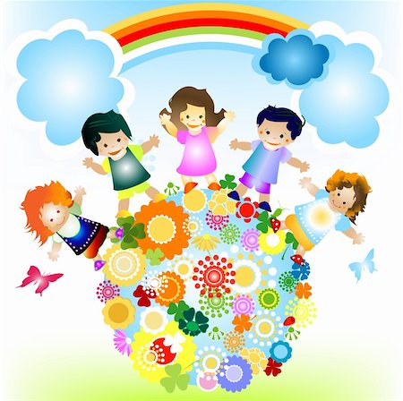 kids and planet; joyful illustration with planet earth, happy children and colorful flowers Stock Photo - Budget Royalty-Free & Subscription, Code: 400-05067746