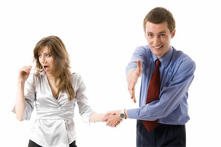 simsearch:400-04574012,k - Handshake. Young business man and woman offers hand shake. Isolated over white Stock Photo - Budget Royalty-Free & Subscription, Code: 400-05068248