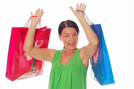 simsearch:400-07318724,k - attractive brunette woman with shopping bags on white background Fotografie stock - Microstock e Abbonamento, Codice: 400-05069095