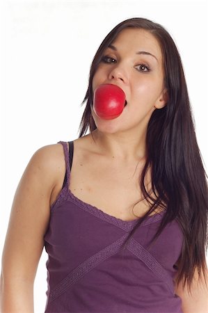 simsearch:400-04564926,k - attractive brunette woman with apple on white background Photographie de stock - Aubaine LD & Abonnement, Code: 400-05069099