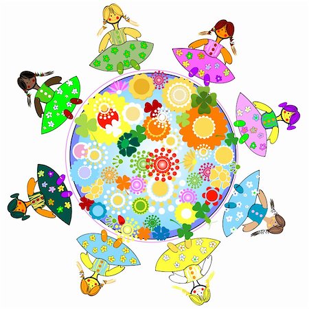 kids and planet; joyful illustration with planet earth, happy children and colorful flowers Stock Photo - Budget Royalty-Free & Subscription, Code: 400-05060756