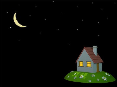 flowers in moonlight - 3d house on a hill, on a background of the night sky Photographie de stock - Aubaine LD & Abonnement, Code: 400-05061907