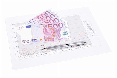 simsearch:400-03962284,k - Pen and euros on earnings chart isolated on white background. Shallow depth of field Stock Photo - Budget Royalty-Free & Subscription, Code: 400-05074355