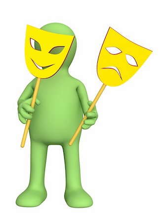 smiling and sulking - 3d puppet with two yellow masks in hands Stock Photo - Budget Royalty-Free & Subscription, Code: 400-05074977