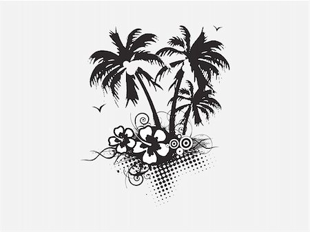 vector palm trees with hibiscus flowers and swirl elements, wallpaper Stock Photo - Budget Royalty-Free & Subscription, Code: 400-05077844