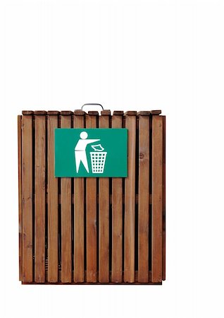 Wooden slatted litter bin with metal sign in white and green. Isolated over white background. Stock Photo - Budget Royalty-Free & Subscription, Code: 400-05079495