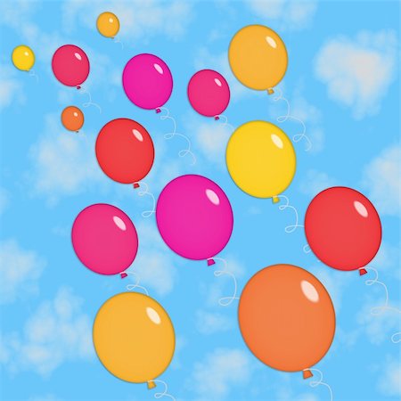 simsearch:400-04713054,k - Shiny party balloons in red, orange, yellow and pink against a blue sky on a sunny day. Photographie de stock - Aubaine LD & Abonnement, Code: 400-05070991