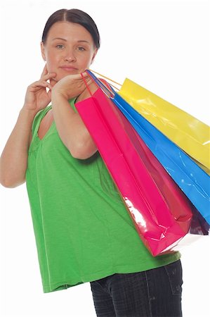 simsearch:400-07318724,k - attractive woman with shopping bags on white background Fotografie stock - Microstock e Abbonamento, Codice: 400-05071279