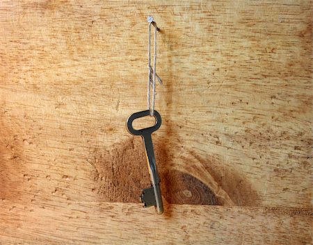 Old key hanging with cotton rope on wooden wall Stock Photo - Budget Royalty-Free & Subscription, Code: 400-05071552