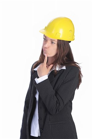 simsearch:400-04979435,k - young businesswoman thinking with helmet on white background Stock Photo - Budget Royalty-Free & Subscription, Code: 400-05071922