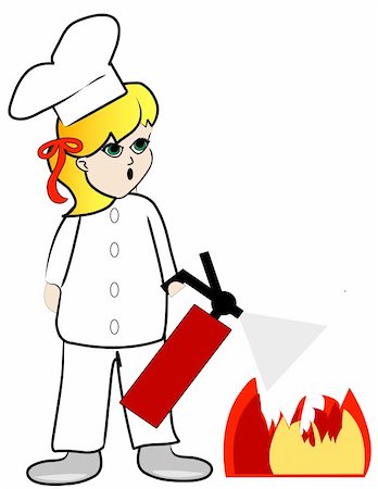 woman chef putting out kitchen fire with extinguisher Stock Photo - Budget Royalty-Free & Subscription, Code: 400-05072199