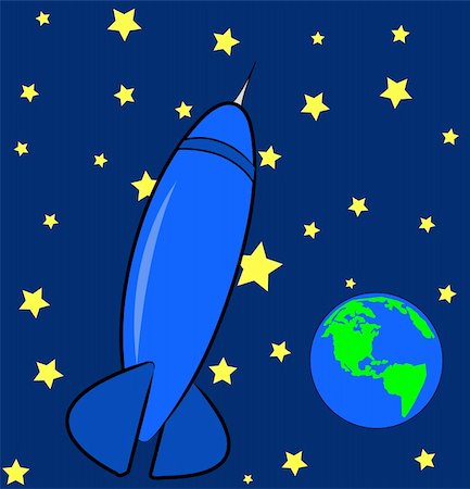 stars cartoon galaxy - blue rocket ship in the sky with stars and earth Stock Photo - Budget Royalty-Free & Subscription, Code: 400-05073074