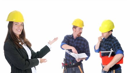 smiling industrial workers group photo - businesswoman with successful construction workers on white background Stock Photo - Budget Royalty-Free & Subscription, Code: 400-05073651