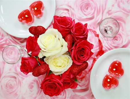 Table setting with rose bouquet for Valentine Stock Photo - Budget Royalty-Free & Subscription, Code: 400-05084660