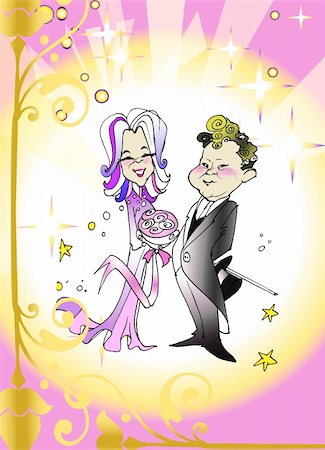 Caucasian couple “just married” wedding cartoon style Stock Photo - Budget Royalty-Free & Subscription, Code: 400-05084900