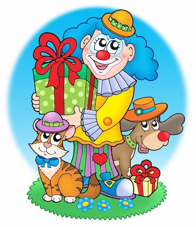simsearch:400-04236834,k - Circus clown with pets - color illustration. Foto de stock - Royalty-Free Super Valor e Assinatura, Número: 400-05085473