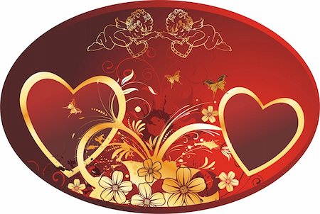 Two hearts in an oval framework with cupids, butterflies and colours on a red background Stock Photo - Budget Royalty-Free & Subscription, Code: 400-05086186