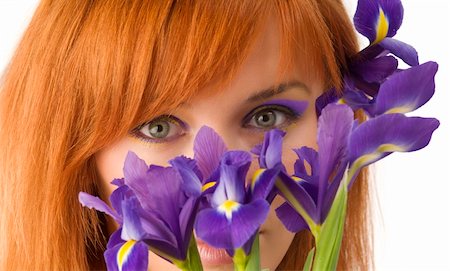 red haired girl behind purple flower with her eyes coming out Stock Photo - Budget Royalty-Free & Subscription, Code: 400-05086726