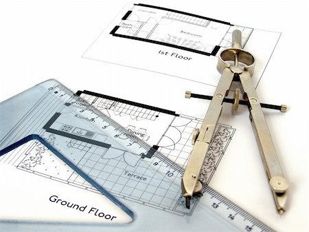 Technical architectural CAD drawing with square ruler and compass Stock Photo - Budget Royalty-Free & Subscription, Code: 400-05088069
