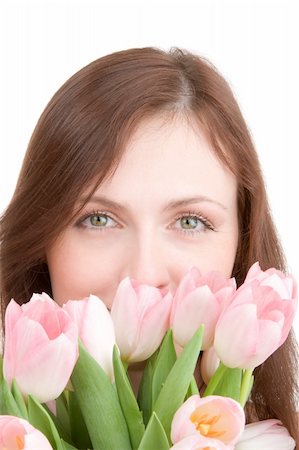 simsearch:689-03124881,k - Woman portrait with bouquet of tulips isolated on white background Foto de stock - Super Valor sin royalties y Suscripción, Código: 400-05088498