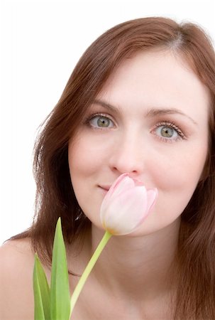 simsearch:689-03124881,k - Woman portrait with bouquet of tulips isolated on white background Foto de stock - Super Valor sin royalties y Suscripción, Código: 400-05088648