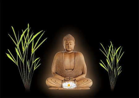 simsearch:400-05099216,k - Buddha with golden aura in prayer holding a glowing white lotus lily flower with bamboo grass either side. Over black background. Stock Photo - Budget Royalty-Free & Subscription, Code: 400-05088685