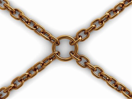 prison break - 3d illustration of four golden chains locked by ring in center Stock Photo - Budget Royalty-Free & Subscription, Code: 400-05089211