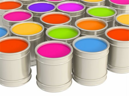 falling paint bucket - Multi-coloured paints in metal banks Photographie de stock - Aubaine LD & Abonnement, Code: 400-05082661