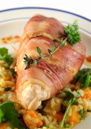 roasted ham - Chicken wrapped in prosciutto on pumpkin and risotto. Stock Photo - Budget Royalty-Free & Subscription, Code: 400-05095974