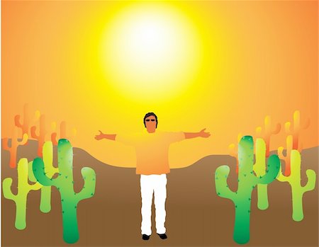 desert sunset landscape cactus - man in mexico desert, vector illustration Stock Photo - Budget Royalty-Free & Subscription, Code: 400-05098604