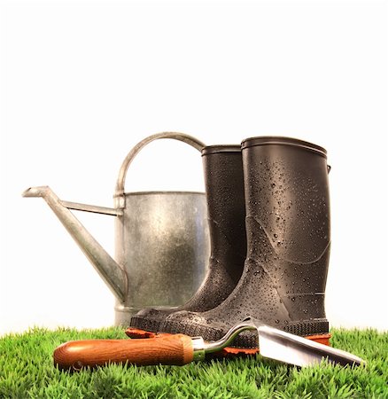 Garden boots with tool and watering can on grass Stock Photo - Budget Royalty-Free & Subscription, Code: 400-05090539