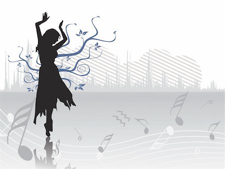 simsearch:400-04593867,k - dancing female with floral elements and musical graph background, illustration Photographie de stock - Aubaine LD & Abonnement, Code: 400-05093450