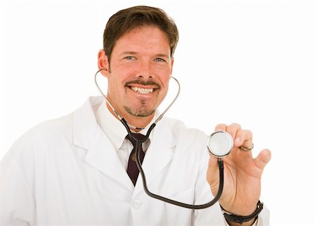 Friendly caring doctor about to examine you.  Isolated on white. Stock Photo - Budget Royalty-Free & Subscription, Code: 400-05093773